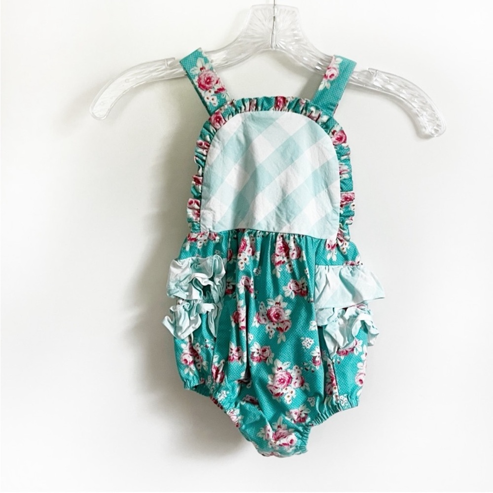 Ricrac & Ruffles Meadow Floral Bubble romper blue pink ruffle plaid snaps